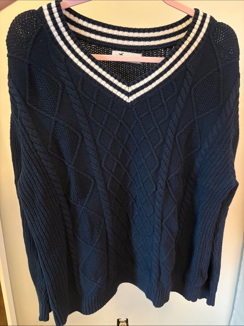 Hollister Navy V-Neck Cable-Knit Sweater with White Stripe Trim